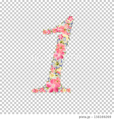 数字の1の押し花素材 繊細なセリフ体 ピンクとブルーのボタニカル数字 背景透過PNG 数字の1の押し花素材 繊細なセリフ体 ピンクとブルーのボタニカル数字 背景透過PNG 138169269