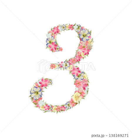 数字の3の押し花素材 繊細なセリフ体 ピンクとブルーのボタニカル数字 背景透過PNG 数字の3の押し花素材 繊細なセリフ体 ピンクとブルーのボタニカル数字 背景透過PNG 138169271
