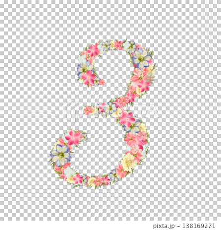 数字の3の押し花素材 繊細なセリフ体 ピンクとブルーのボタニカル数字 背景透過PNG 数字の3の押し花素材 繊細なセリフ体 ピンクとブルーのボタニカル数字 背景透過PNG 138169271