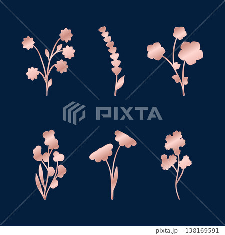 A collection of six elegant rose golden floral elements is displayed against a dark blue background. 138169591