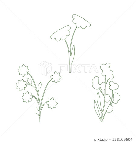 A delicate line art flower trio set presents three unique botanical designs. One shows two flowers, another features a sprig of five blossoms, and the third is a cluster of tiny blooms. 138169604