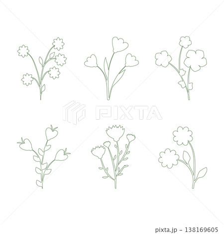 Six unique simple line art flowers are shown in a clean, minimalist style. Each flower drawing features delicate outlines of blossoms and stems, arranged elegantly on a plain white background. 138169605