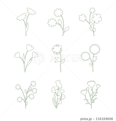 Nine distinct line art flower illustrations are arranged on a white background. 138169606