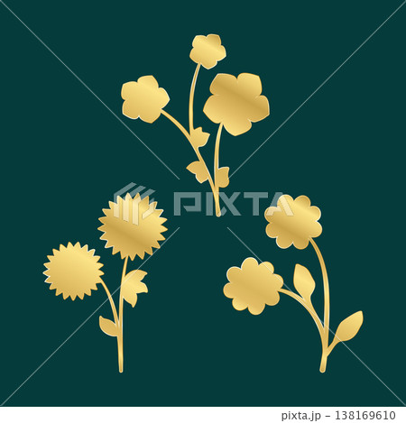 Three unique golden floral illustrations feature elegant stems and leaves. Each design shines with a metallic gold finish against a deep teal background. 138169610
