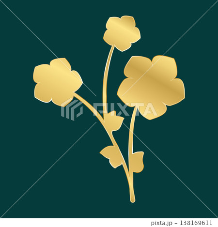 A sophisticated graphic showcases a golden plant with three stylized flowers and delicate leaves. It stands out against a deep teal background, embodying luxury and natural elegance. 138169611