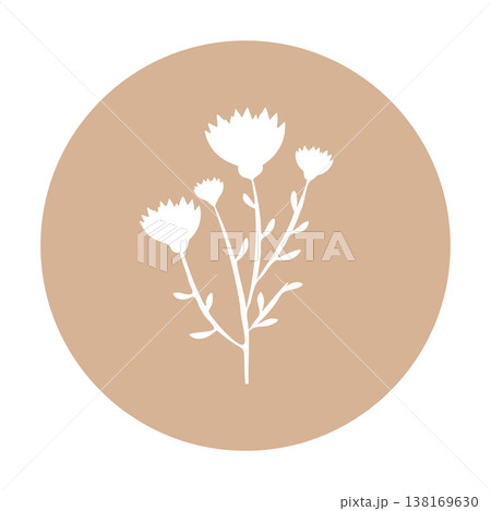 A white cutout of delicate flowers with slender stems and small leaves is centered within a round beige shape. This graphic design features a minimalist floral pattern. A white cutout of delicate flowers with slender stems and small leaves is centered within a round beige shape. This graphic design features a minimalist floral pattern. 138169630