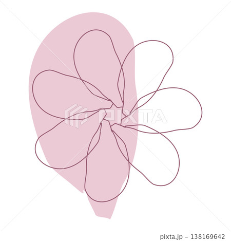 A minimalist abstract flower drawing presents six petals formed by a continuous dark line. A subtle, light pink, organic shape softly complements the design, set against a clean white backdrop. 138169642