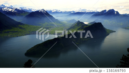 Mountains and lake view from high point near Lucerne, Switzerland on a cloudy day in early summer, showcasing green hills and water 138169793