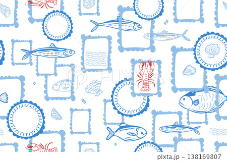 Seamless Mediterranean Seafood Pattern with Fish, Shells, Lobster in Hand Drawn Line Art Style, Nautical Blue and Red Vector Background for Restaurant Menu, Packaging and Textile Design 138169807