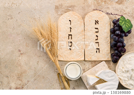Shavuot festival celebrating ten commandments with dairy and wheat Shavuot festival celebrating ten commandments with dairy and wheat 138169880