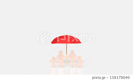 Family Protection Concept With Red Umbrella And Wooden Figures 3d render. Family Protection Concept With Red Umbrella And Wooden Figures 3d render. 138170040