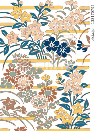桔梗と菊の縞模様・大和絵風和柄背景素材 桔梗と菊の縞模様・大和絵風和柄背景素材 138170793