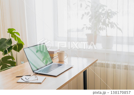 Desk with laptop, notebook, coffee cup, plants near bright window, comfortable remote work environment. Modern home office 138170857