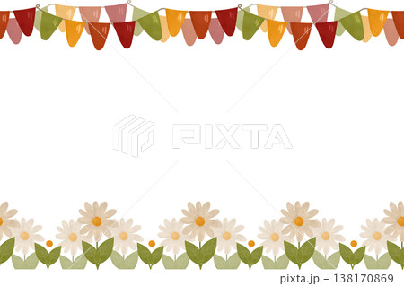 Holiday card, seamless ornament. Garland of flags, light flowers, green leaves. Illustration in a flat cartoon style. Watercolor, pastel. For design 138170869