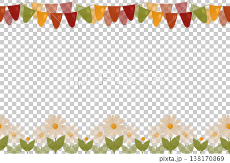 Holiday card, seamless ornament. Garland of flags, light flowers, green leaves. Illustration in a flat cartoon style. Watercolor, pastel. For design 138170869