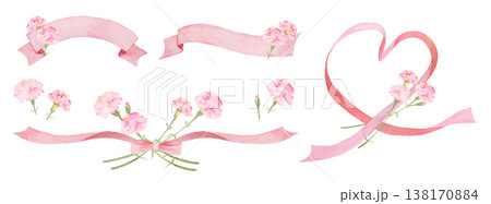 カーネーションのピンク色リボンラベルセット 138170884