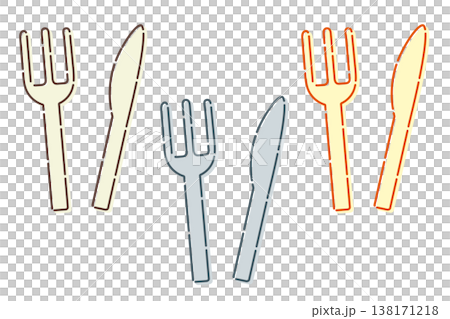 Fork and knife icon set in 3 colors (cutlery, kitchen, simple illustration material) 138171218