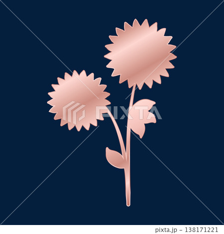 Two stylized rose gold flowers with spiky petals and leaves rise from a stem. They feature a metallic finish, set against a solid dark blue background, creating an elegant decorative graphic. 138171221