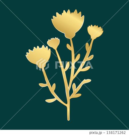 A shining golden botanical design showcases a single plant with a main stem and four delicate blossoms. 138171262