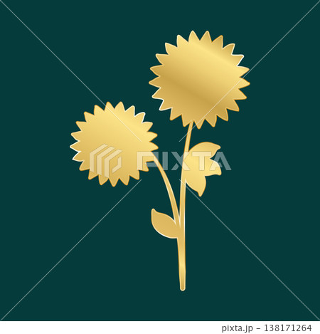 Two stylized golden flowers with jagged petals rise from a central stem, adorned with two small leaves. This elegant metallic design stands out against a rich dark teal background. 138171264