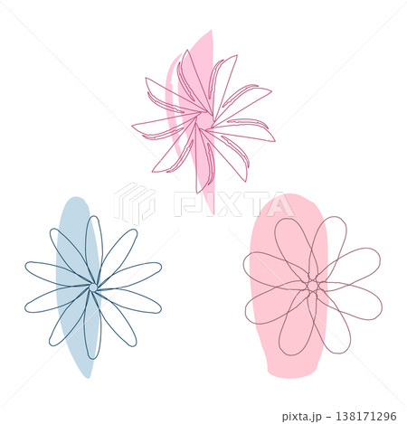 Three abstract floral designs with delicate line art float on a pristine white backdrop. Each shape features soft pink or light blue brushstroke-like elements, creating a gentle and modern aesthetic. Three abstract floral designs with delicate line art float on a pristine white backdrop. Each shape features soft pink or light blue brushstroke-like elements, creating a gentle and modern aesthetic. 138171296