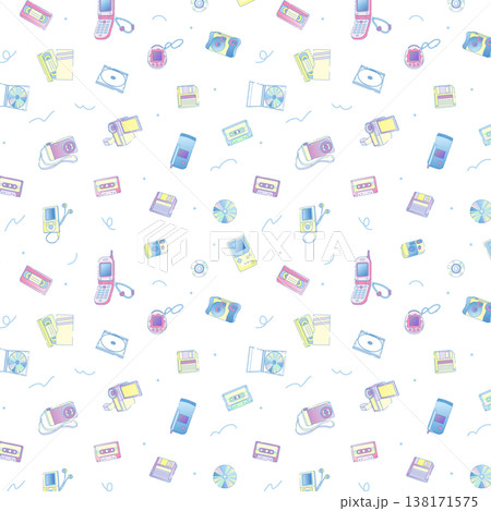 平成レトロなガジェットとメディア機器のポップな総柄 138171575