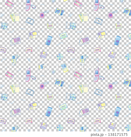 平成レトロなガジェットとメディア機器のポップな総柄 138171575