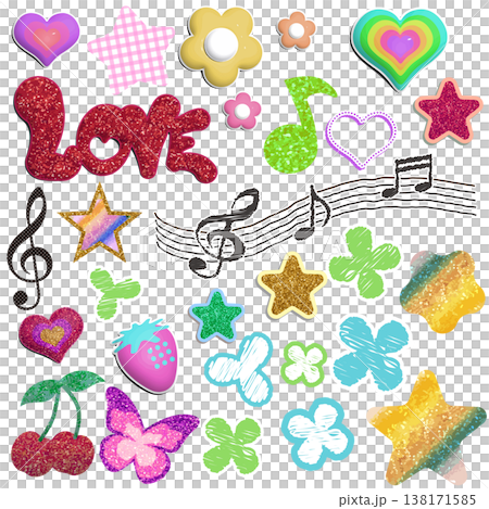 Retro glittery sticker-style motif set for girls from the Heisei era. Retro glittery sticker-style motif set for girls from the Heisei era. 138171585