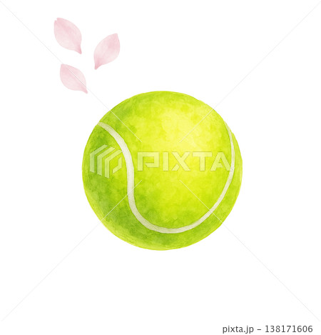 テニスボールと桜のシンプル素材 スポーツと春のイメージ 白背景 138171606