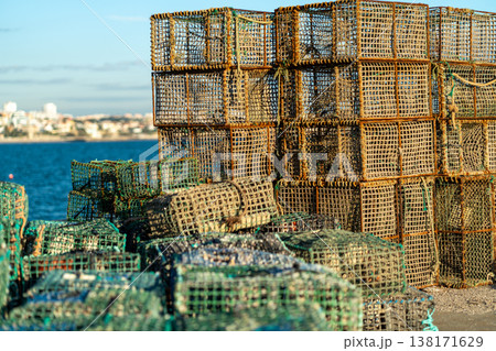 Crab Traps Stacked by the Shoreline Ready for the Crab Traps Stacked by the Shoreline Ready for the 138171629