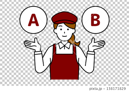 A female cafe employee suggests options A and B. A female cafe employee suggests options A and B. 138171829
