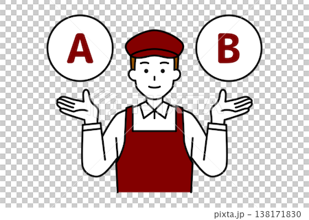 A male cafe employee suggests options A and B. A male cafe employee suggests options A and B. 138171830
