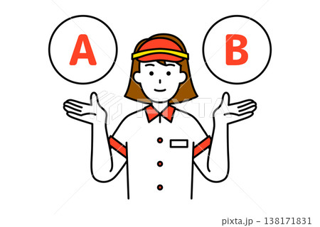 AとBの選択肢を提案するファストフード店の女性店員 138171831