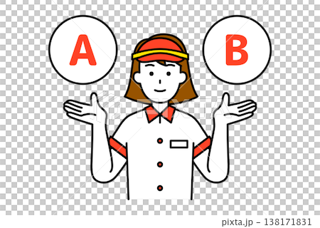 AとBの選択肢を提案するファストフード店の女性店員 138171831
