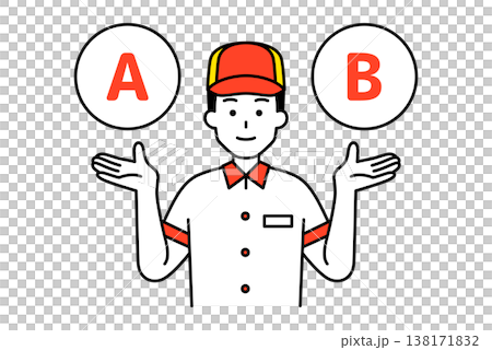 A male employee at a fast-food restaurant offers two options, A and B. A male employee at a fast-food restaurant offers two options, A and B. 138171832
