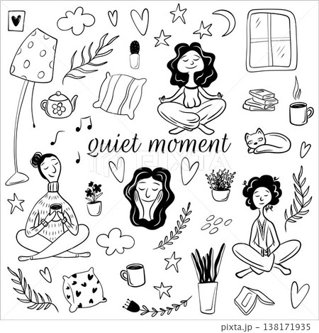 A collection of black-and-white illustrations depicting various aspects of peaceful enjoyment of life. Peace, tranquility, silence, enjoyment 138171935