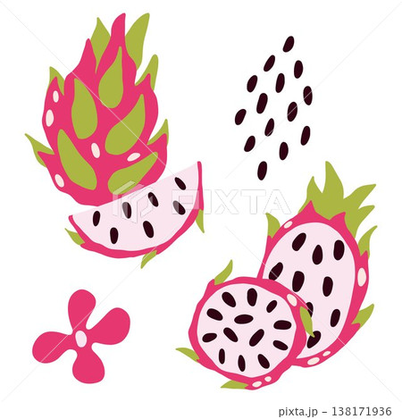 Vector dragon fruit on a light background. Exotic fruit, Pitahaya, set, piece, element Vector dragon fruit on a light background. Exotic fruit, Pitahaya, set, piece, element 138171936