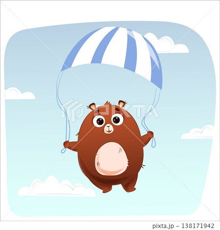 Cute vector bear flying on a parachute. Suitable for templates, advertising, holidays, postcards, and stationery 138171942