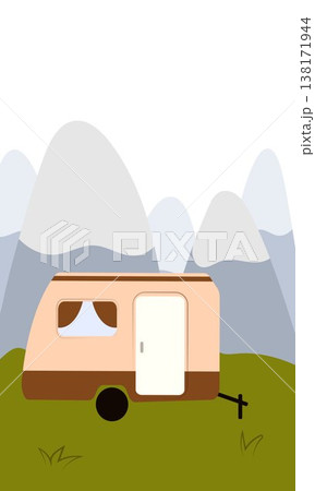 Flat vector illustration of camping outdoors. Mountains, campfire, tent, nature, camper, trees, coffee, backpack, guitar, kettle, boiler, tea, silence, calm, peace, marshmallows on fire Flat vector illustration of camping outdoors. Mountains, campfire, tent, nature, camper, trees, coffee, backpack, guitar, kettle, boiler, tea, silence, calm, peace, marshmallows on fire 138171944