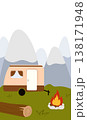 Flat vector illustration of camping outdoors. Mountains, campfire, tent, nature, camper, trees, coffee, backpack, guitar, kettle, boiler, tea, silence, calm, peace, marshmallows on fire 138171948