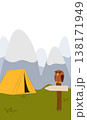 Flat vector illustration of camping outdoors. Mountains, campfire, tent, nature, camper, trees, coffee, backpack, guitar, kettle, boiler, tea, silence, calm, peace, marshmallows on fire 138171949