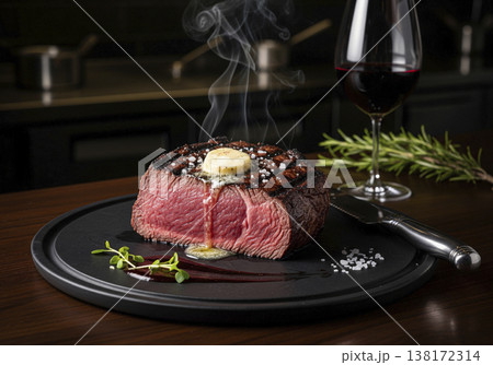 炭火でジューシーに焼けた厚切り牛フィレ肉のステーキ 断面から肉汁が溢れる高級感のある一皿 138172314