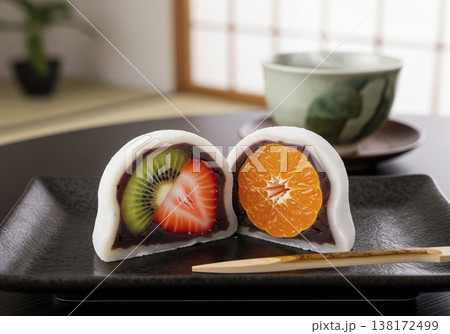 苺やみかんのカラフルな断面が美しいフルーツ大福 白餡と求肥で包まれた和スイーツ 138172499