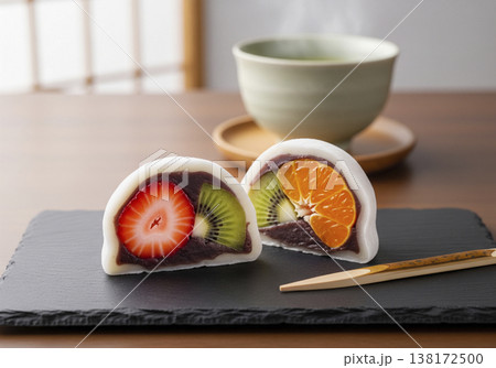 苺やみかんのカラフルな断面が美しいフルーツ大福 白餡と求肥で包まれた和スイーツ 苺やみかんのカラフルな断面が美しいフルーツ大福 白餡と求肥で包まれた和スイーツ 138172500