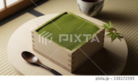 木の枡に入ったなめらかな宇治抹茶ティラミス 鮮やかな緑のパウダーが美しい和風スイーツ 138172595