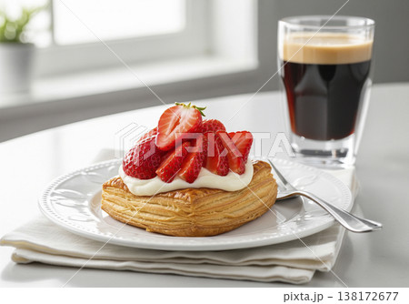 朝の光に輝く完熟イチゴとバニラクリームのデニッシュ 瑞々しい初夏のカフェスイーツ 138172677