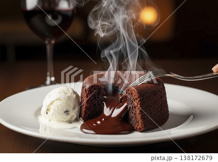フォークで割ると熱々の濃厚なチョコがとろけ出すフォンダンショコラ 高級レストランのデザート 138172679