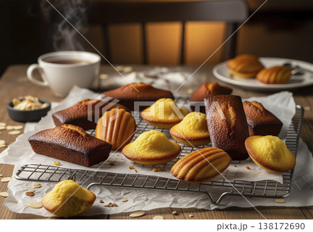 クーラーで冷まされる焼きたてのマドレーヌとフィナンシェ 黄金色に輝くバター香るフランス焼き菓子 クーラーで冷まされる焼きたてのマドレーヌとフィナンシェ 黄金色に輝くバター香るフランス焼き菓子 138172690