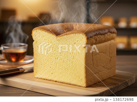 湯気が立ち上がる焼きたて極厚の台湾カステラ きめ細かい断面と美しいきつね色の焼き目 138172698