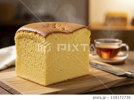 湯気が立ち上がる焼きたて極厚の台湾カステラ きめ細かい断面と美しいきつね色の焼き目 138172736